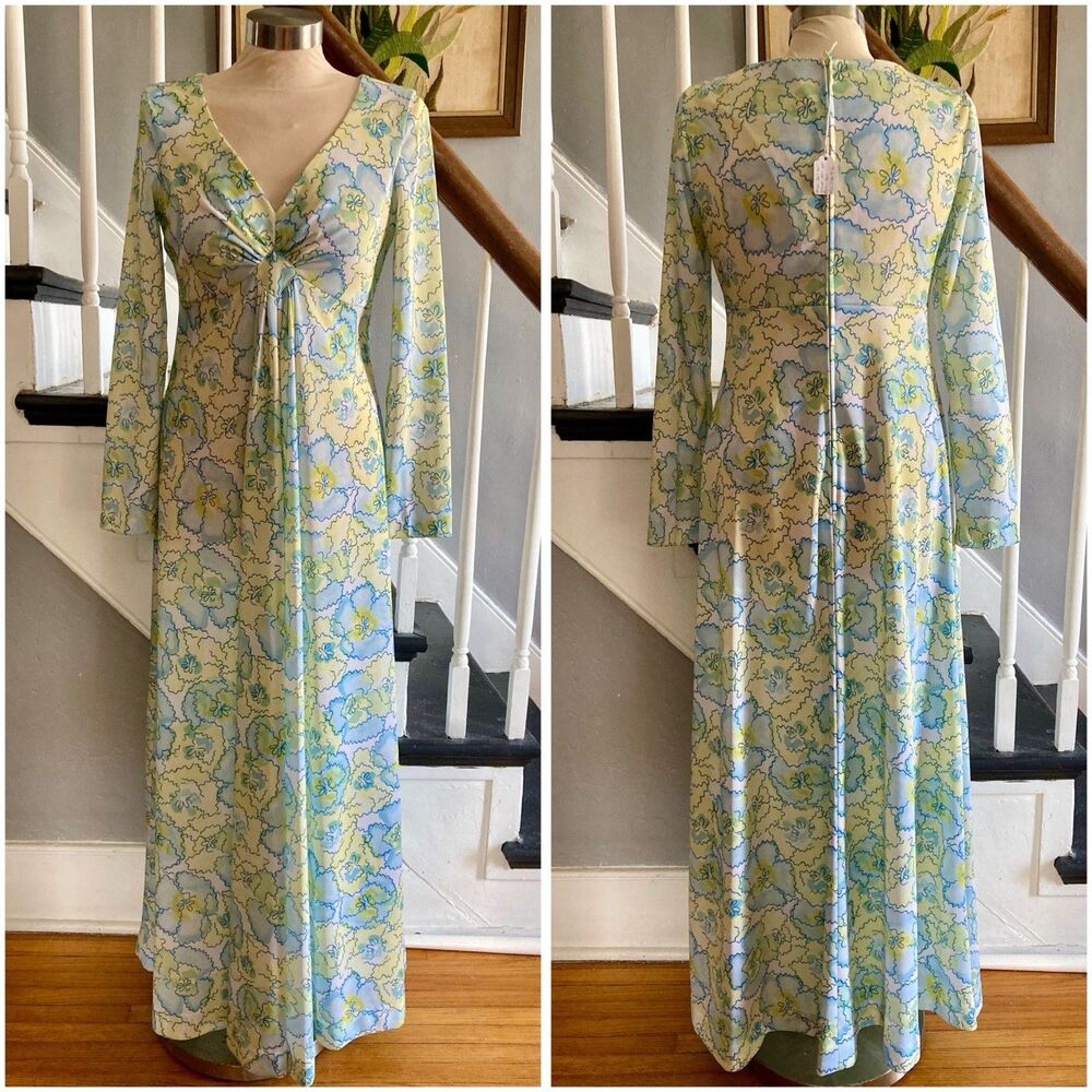 1970s Abstract Floral Print Maxi Dress Hippie Psychedelic Dreamy Clouds Pastel